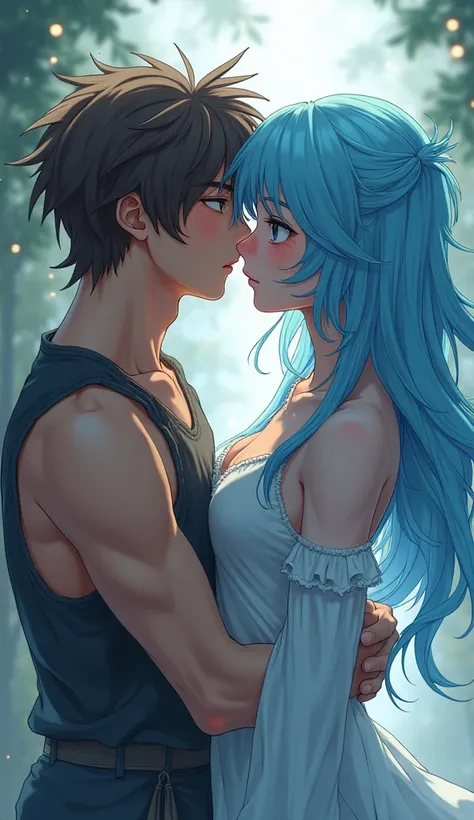 Anime girl with long sky blue waterfall hair floating head no body kissing rough ponytail brwon hair boy