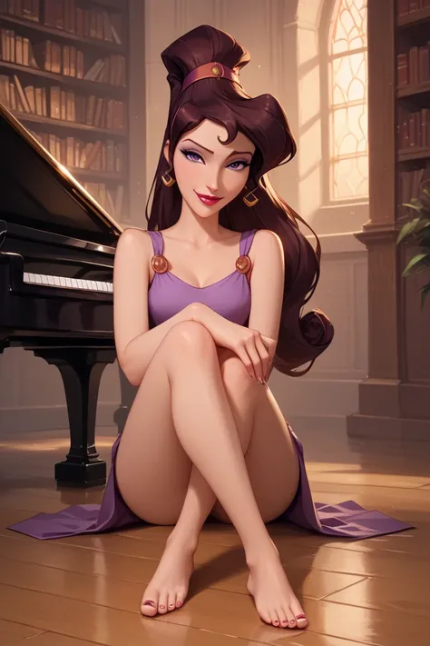 score_9, score_8_up, score_7_up, score_6_up, full body view, BREAK Megara,1girl, solo, brown hair, purple headband, ponytail, thin face, naughty face, small-medium beautiful feet, Disney 3D render, sitting on library, wearing mini-dress,  (Megara  sitting ...