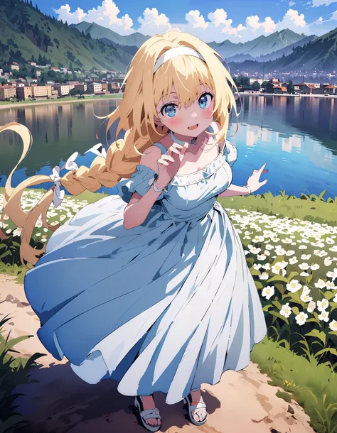 Alicesburg,  Alice Sberg , Alone,bangs,  blue eyes,   blond hair,  smile,blush, open your mouth, hair between eyes, Very long braids,  single braided , headband, white  headband,yellow off-the-shoulder dress,Medium breast, white long skirt, cute heeled san...