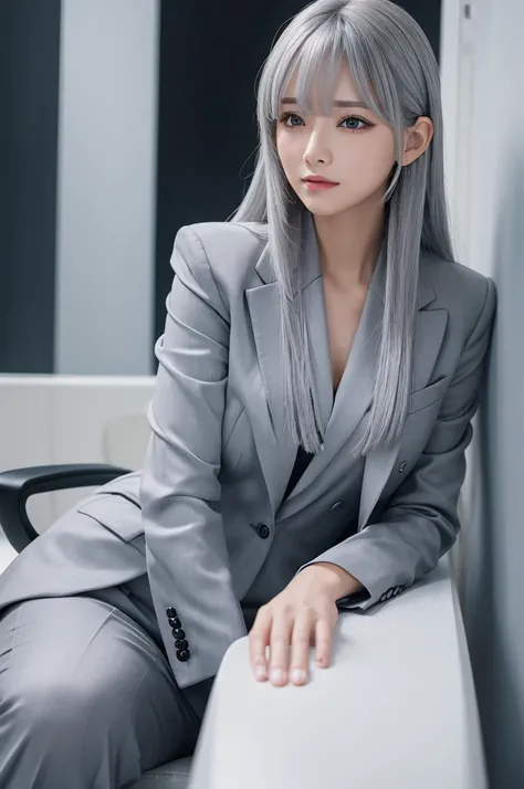 Women　 silver hair gray eyes bangs long hair　  business suit 