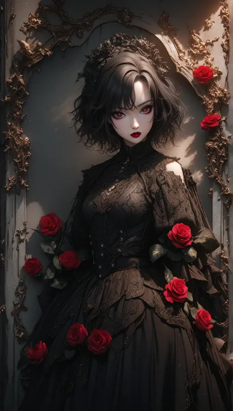 editorial-style of a gothic woman with bold makeup, smudged red lipstick, and an intense, alluring gaze. She holds a チョコレート surrounded by roses and fragmented panels and gritty textures. Warm tones, moody lighting, fear, mortality, magazine-style design, s...