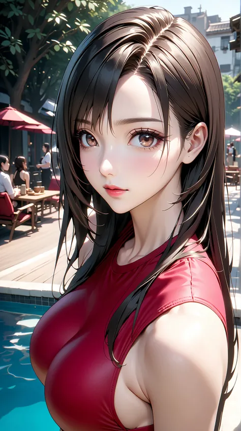 (((((Tifa lockhart,Final Fantasy 7:1.2))))),((High Quality,masterpiece,Anime Style,High Quality,8k,Details,Ultra-Details:1.3)),Long legs:1.2,Perfect Style:1.4,double eyelid,30-year-old woman,((((one woman,facial beauty,facial beauty,Outdoor,upper body:1.5)...