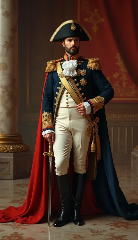 Generate a highly detailed, High Resolution, Masterpiece, Accurate, Anatomically Correct, Award Winning, Best Quality, Damaged, Detail, HD, High Details, oily image,hyper- realistic 8k image of scene of A majestic and authoritative portrait of Napoleon Bon...