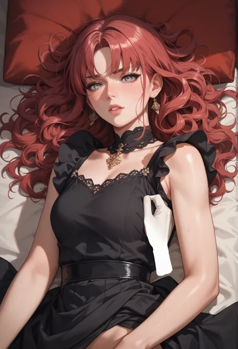  Annoying princess ,  furrowed eyebrows, tender look with long reddish hair, with bangs,   gray eye color  ,   white skin ,  With black dress , Having sex position 
missionary,  historical environment  ,   Illustration Style  ,   cartoon 