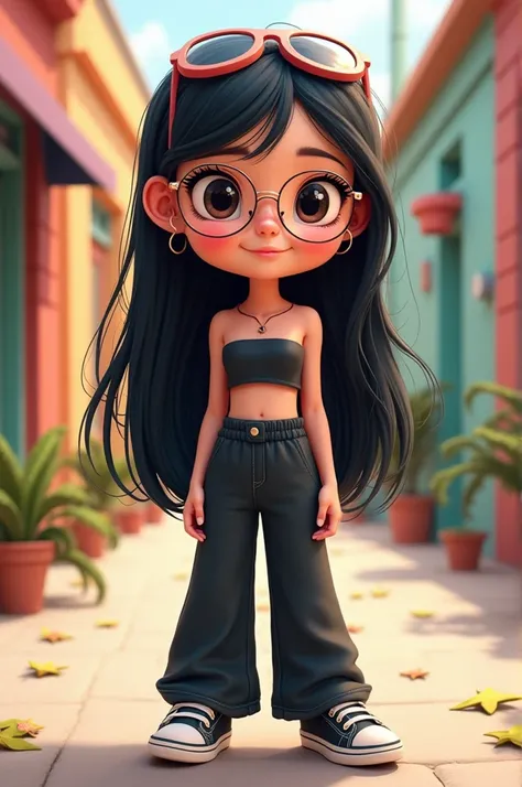 cute cartoon character, long straight black hair into butt, with rose gold glasses, wearing black tube and wide leg pants, sneakers