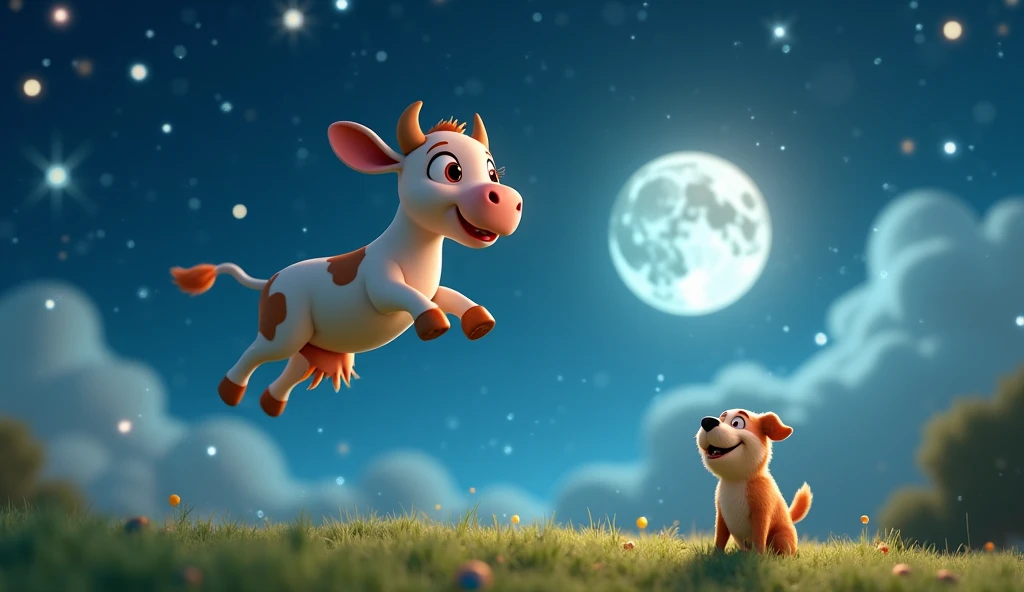 3d animated 
The stars twinkled bright, what a magical sight,
The cow went high in the air!
The dog gave a cheer, the moon clapped near,
And the wind blew through his hair!