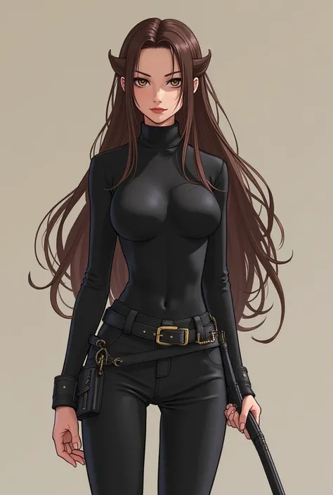 * Ana was a girl with long brown hair and dark brown eyes with fair skin and wore a black top that stood out in her feminine curves and black leather pants and black boots her guitar body she wasn't very tall she had about a,68 tall but her boots made her ...