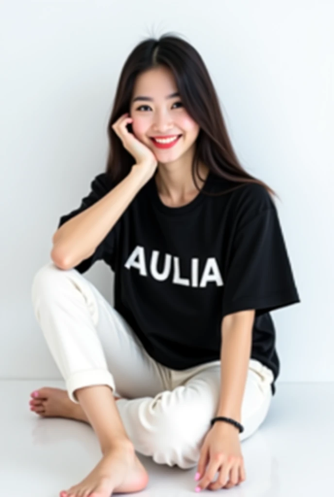 Hyper realistic photography, a beautiful korean girl, "long straight black hair", sitting on the floor, hold the chin, wearing a black oversize t-shirt with writing "AULIA", wearing white pants, smile, wearing a bracelet, plain white background, realistic ...