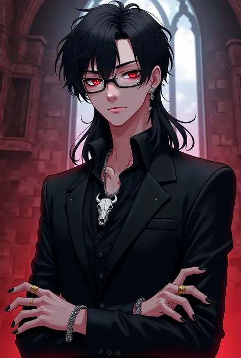 Make me an Anime / Manga style picture of a young male Vampire inside of a castle with the following characteristics:
- Pale skin
- Red eyes
- Long black hair
- Long black sideburns and goatte, but no mustache.
- A scar under his left eye
- Wearing black s...