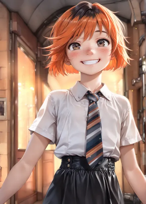 (masterpiece, best quality, ultra detailed),(solo), ((1 )), small ager, young, (flat chest), ((short orange hair, dyed bangs)), ((white shirt, short sleeves, high waist black skirt, tie)), (happy), (freckles, blush, cute nose), beautifully shaped body, tee...