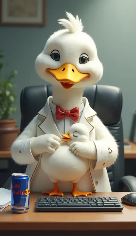  An anthropomorphic white duck holding a sleeping mini duck， White duck sitting in front of desk selling computer keyboard ， table with a can of Red Bull ，In Hong Kong office 
