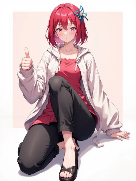  high resolution, 最 high quality,  high detail,  high quality,  very detailed,  super high heels,  thumbs up, Hair,  bob hair,   droopy eyes , Red face,  black pants ,  anime style, 40 years old, sweater