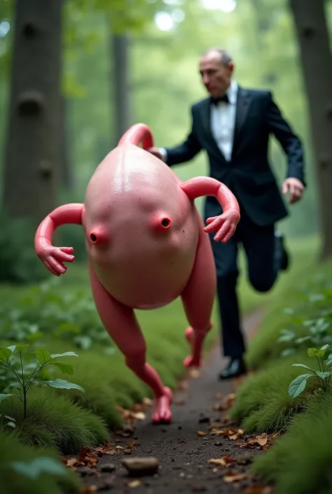 Human vagina labia with legs attached, running in forest. In background, Vladimir Putin running in tuxedo chasing