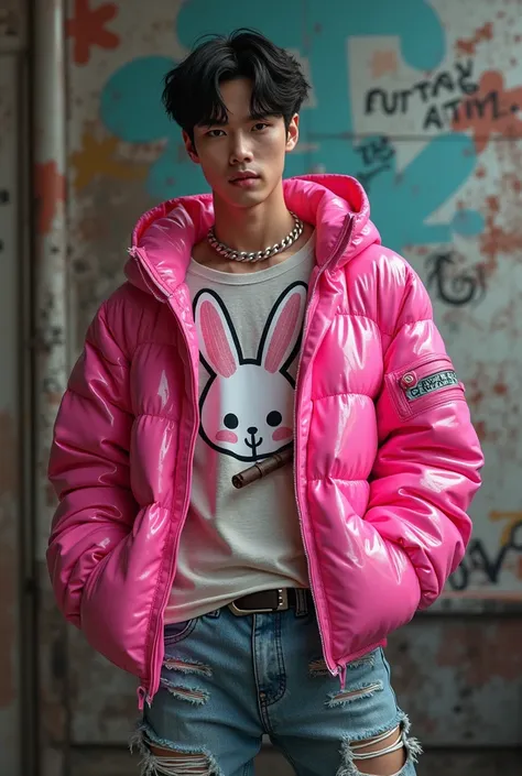  Digital art of handsome Korean man 20 years old looking like Kim teahyunk with gray and black color . wearing distro t-shirt outfit with image of bunny head play boy and wearing futuristic outfit of flashy pink color with jacket of various patterns of rip...