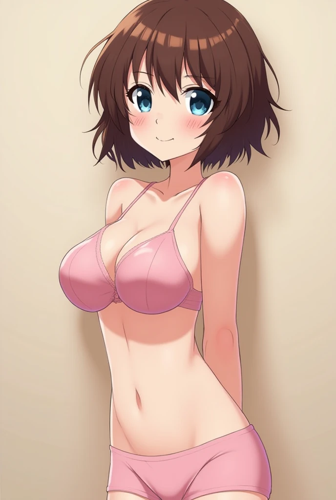 18 year old young anime girl with short hair with brown hair with a little curly hair,  Bangs , very large breasts, large breasts, blush,  Smile,  blue eyes,  From the Side , wearing pink lingerie underwear ,and medium butt 