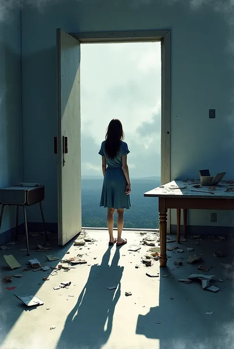 An empty and disordered room ,  with a half-open door and a window showing a dark gray sky . in the center, a lonely woman is looking towards the horizon ,  while the elongated shadows on the floor convey the emptiness left by the absence .  Broken element...