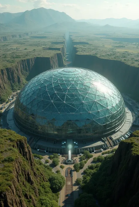 A giant mega-biodome made of glass with retaining walls similar to the one in the movie " The Hunger Games " seen from above for book cover