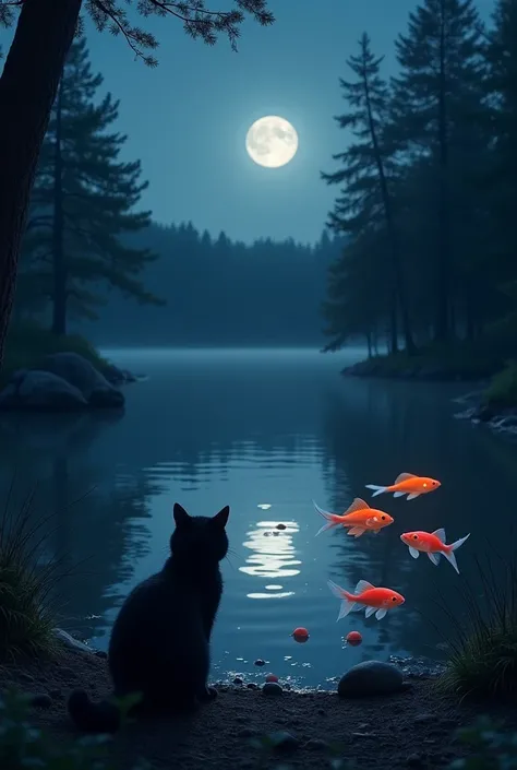 At night, a soft-haired black cat watches glowing fish swimming in the lake, its lights reflecting softly on the surface of the water .  The full moon illuminates the scene ,  creating a contrast between the darkness of the forest and the magical glow of t...