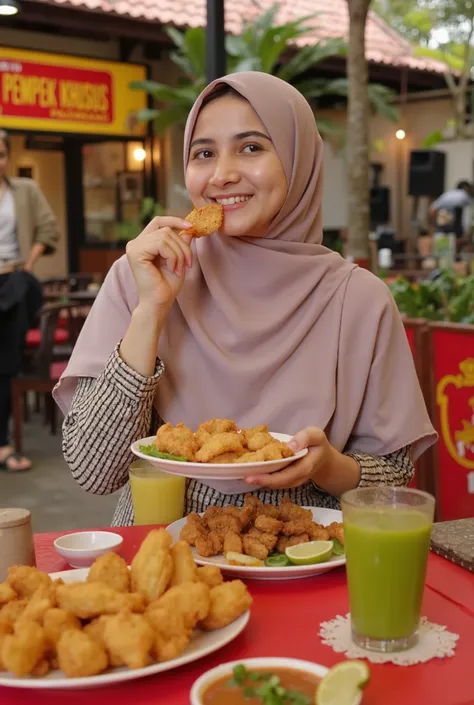 Here is a description of the image:
 
The image shows a young woman wearing a hijab, smiling happily while eating a plate of food at what appears to be a food stall. The stall has a sign that says "Pempek Khusus Palembang" in Indonesian.  The woman is surr...