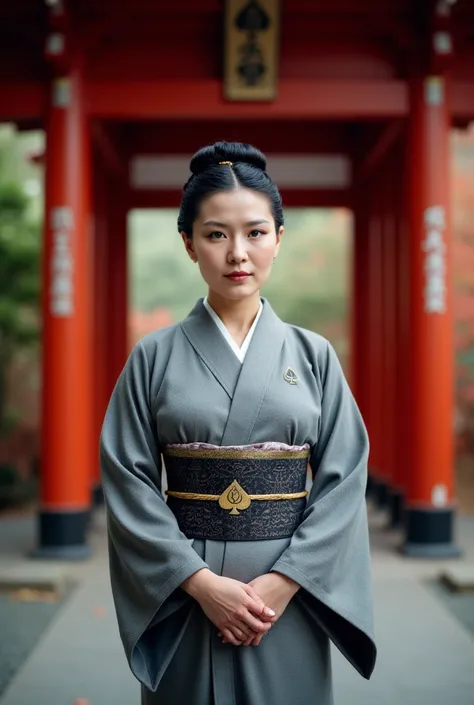 High Resolution, High Quality, High Detail, Masterpiece, Top Quality , Fushimi Shrine torii gate 　((( 60-year-old Japanese woman who looks like a wealthy person somewhere　Wearing a grey kimono　Pretty small Queen of Spades mark on obi   ,  pretty small Quee...