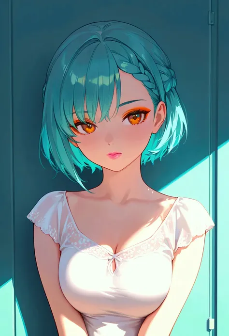 1girl, solo, (best quality), 8k, masterpiece, aqua hair, short hair, braided bangs hairstyle, calm, BREAK, orange_eyes, orange eyeshadow, pink lips, medium breasts, 1girl 