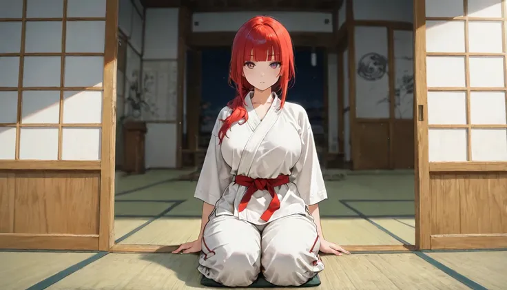 red hair, hime cut, low ponytail, long hair, eyes, white dougi, large breasts, tatami, red belt, masterpiece, best quality, amazing quality, detailed background, intricate details, seiza, looking at viewer, straight-on