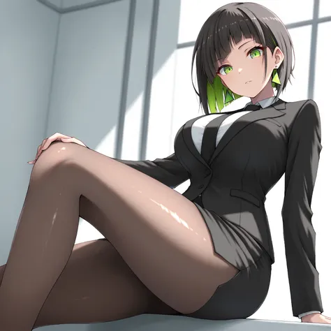 masterpiece, (((( best quality )))),1 girl, Japanese Anime ,,shiny skin, wearing a black suit,skirt suit, black tie , dark hair, short bob hair,The inner color of the hair is green, green eyes,isosceles triangle earrings, black tights,large breasts