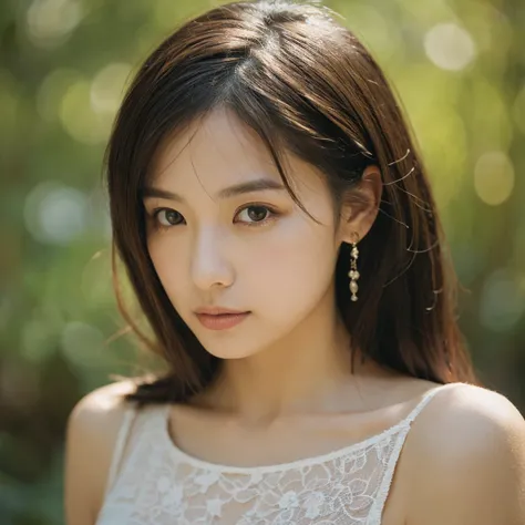 A hyper-realistic image of a single Japanese woman in her early 20s, captured with the nostalgic warmth and subtle graininess of a film camera. Her skin has a warm beige tone with a natural, slightly rough texture that includes visible pores, fine lines, a...