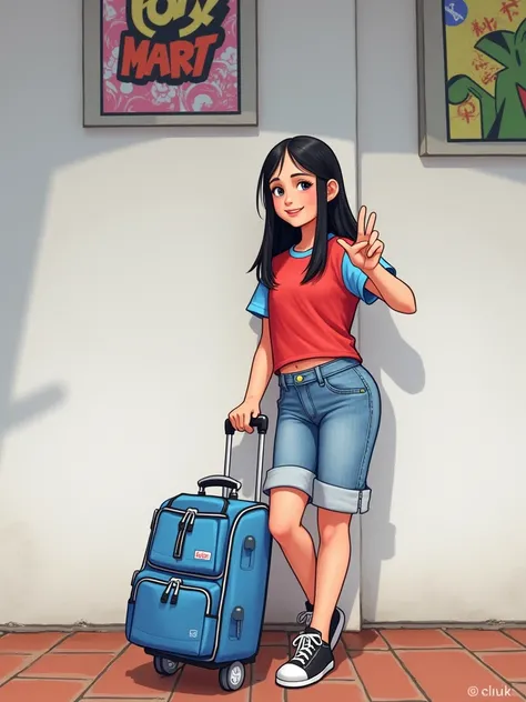 girl character, cute cartoon, disney pixar style looks like pop mart, straight black hair down to the shoulder, looking , wearing a red t-shirt with blue details on the inside sleeves and denim shorts, black sneakers with white soles, making a victory sign...