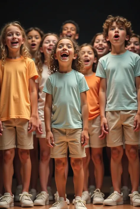 A mixed choir aged 8 to s , singing very happily,  smiling,  dressed in pastel colored t-shirts and beige shorts with white sneakers, with professional light.