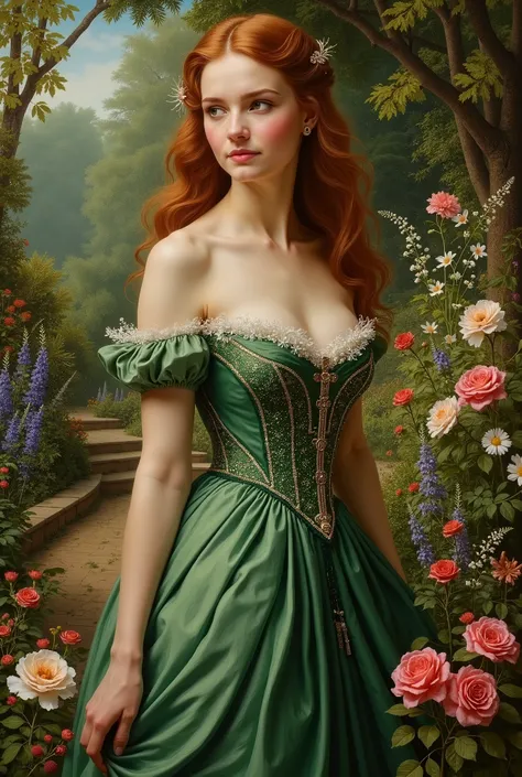 Create a Renaissance painting of a beautiful young woman wearing a green dress with a corset in a flower garden