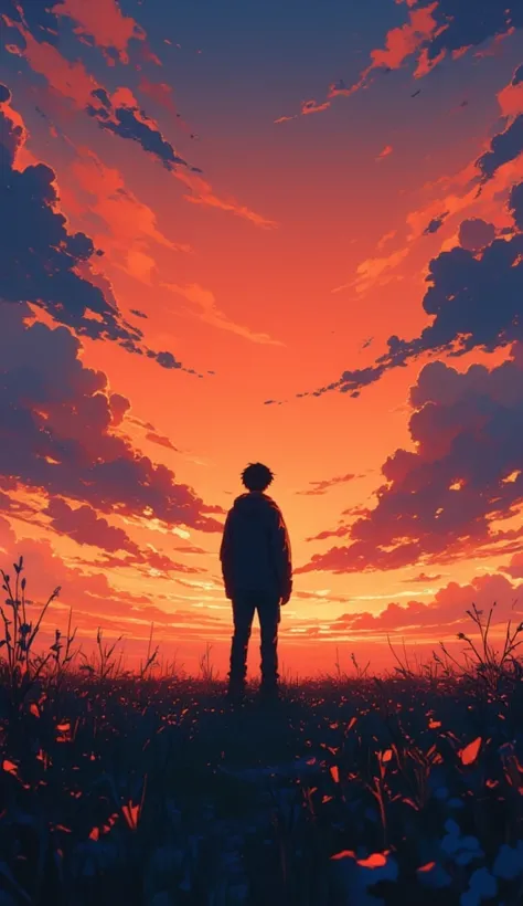 My heart burns red, my words are stolen from me by the sunset. The time I spent standing there is equal to the depth of my feelings. Under the sunset, a boy in a field, neither of them showing their faces. The sky is dotted with countless clouds. Cyberpunk...