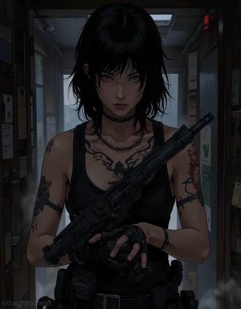 Black-haired military girl operative Mara with a gun in her hands and a tattoo