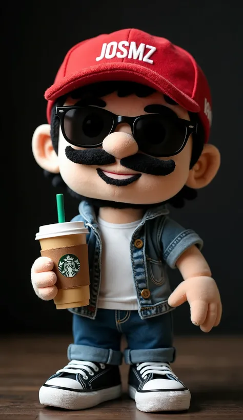 A plushie with short black hair, and very short and elegant black beard and mustache, wearing a red sports cap with the Starbucks logo, sunglasses, and casual clothing with black sneakers, stands against a dark background. It holds a Starbucks coffee cup w...