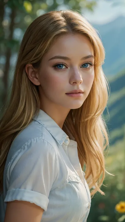 (Best quality, 8k, 32k, Masterpiece, UHD:1.2), Photorealistic, Canon F1 lens.4, (A Renoir painting of Erinn Bartlett: 1.3), long blonde hair, gorgeous blue eyes, (25-years old:1.2), Cute sexy, seductive gaze, gorgeous woman, (beautiful face: 1.2), Looking ...