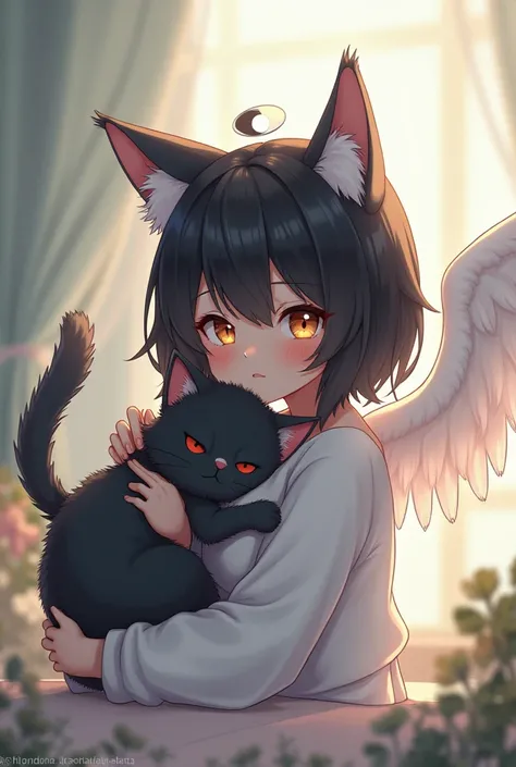 digital art, anime black angel cute cat  side one black spot ing head