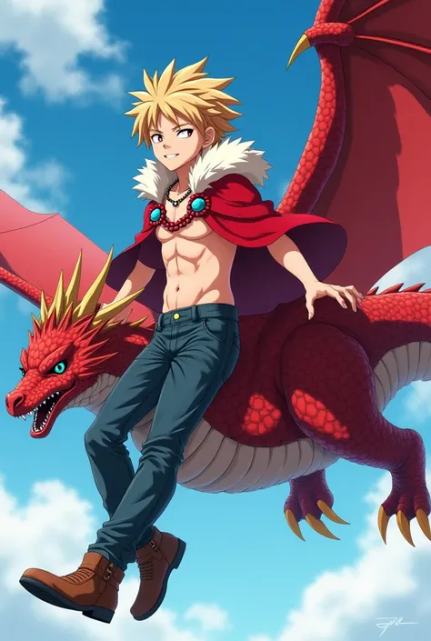 Clear sky background ,Bakugou Katsuki (My Hero Academia),Light-skinned boy, blond hair,Crimson eyes between closed, shirtless, fur wearing a red cape,with fur ,  red and blue stone necklaces, jean pants and brown boots, Flying in a dragon,giant,red,anime