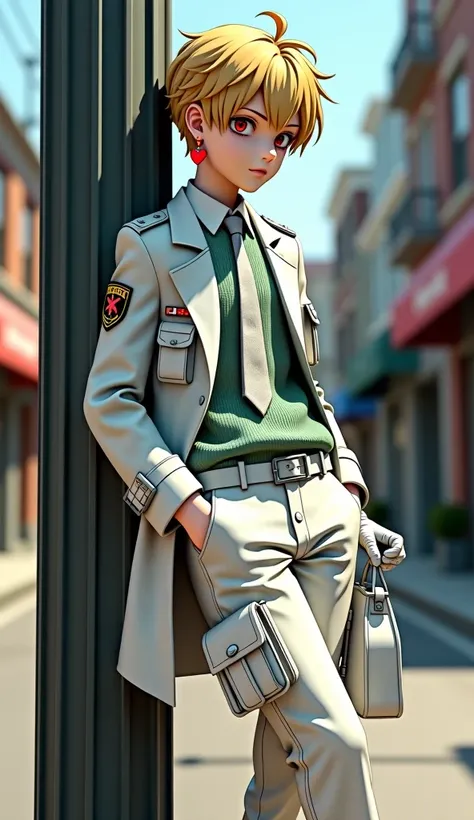 3D anime style, gothic style,  boy, red eyes, blond hair, red heart earrings, white collared shirt, gray and white twill tie, textured light green sweater, white military long coat with collar, multiple pockets and badge design A long-sleeved jacket, white...