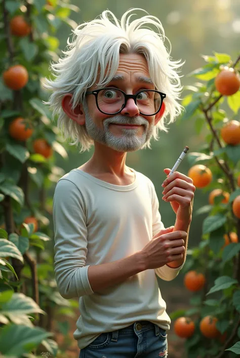 Caricature 3d realistic English man 30 years old, ,  white hair,glasses ,messy kurt cobain style, English, wearing a long-sleeved white t-shirt  ,man wearing torn jeans , watering and caring for the fruiting vine, , and holding a cigarette kretek  .morning...