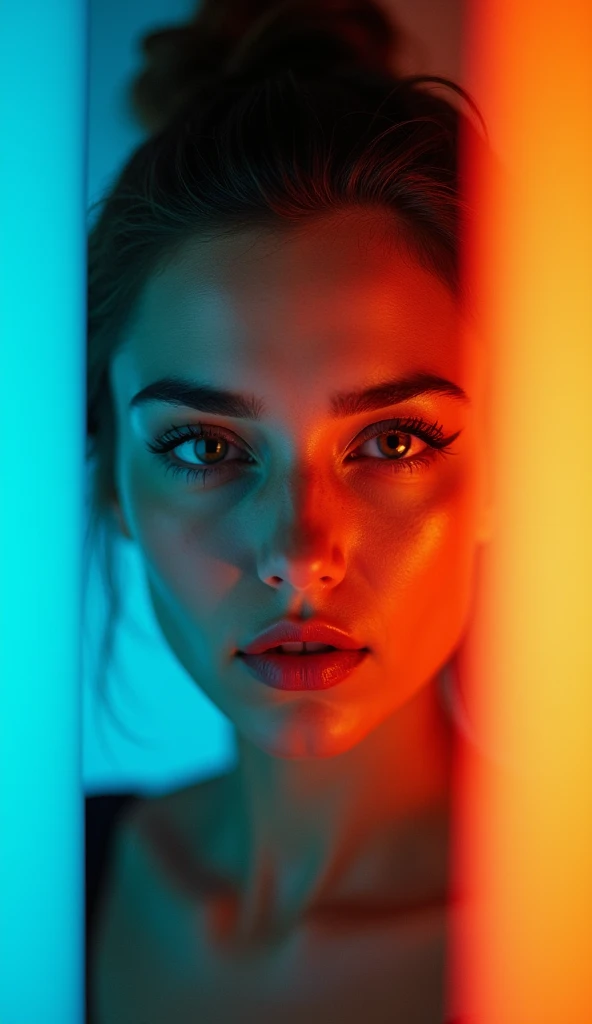 digital art, fashion editorial, a woman's intense gaze splits the icy blue and orange colors, highres, realistic photo, professional photography, cinematic angle, dynamic light back shining,