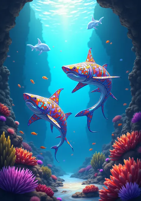 Sharks made of colorful stained glass walking at the bottom of the coral reef are attacking