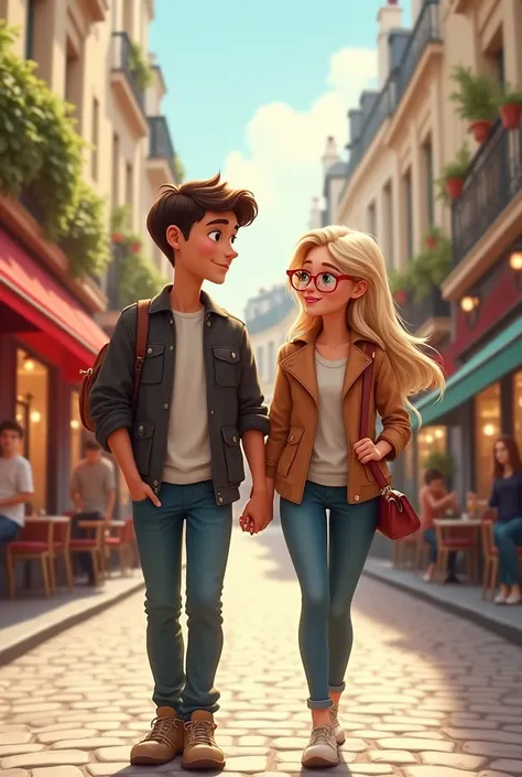 Tall brown-eyed dark brown boy with his blue-eyed blonde girlfriend with red glasses in Paris walking hand in hand 