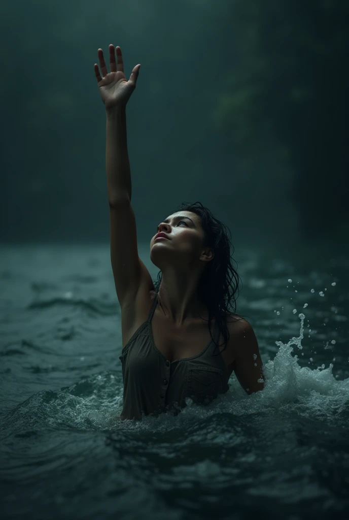 Real photo of a woman,  from back to the camera,  a raised arm , coming out of the water, He was drowning,  looking up ,  Dark background, 4 meters away 