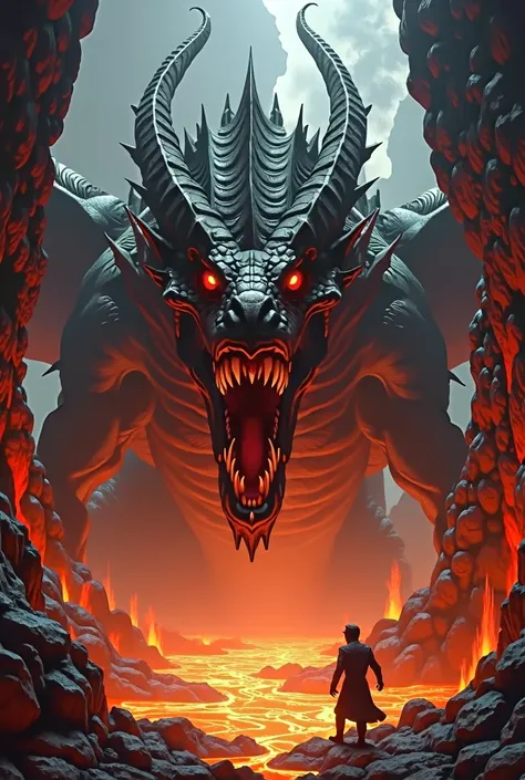  A giant dragon ,  with a terrifying appearance ,  blackened skin ,  eyes as red as embers ,  long and sharp fangs , It has 2 horns ,  one of them is broken in half .  is in a gigantic cave surrounded by incandescent lava. 