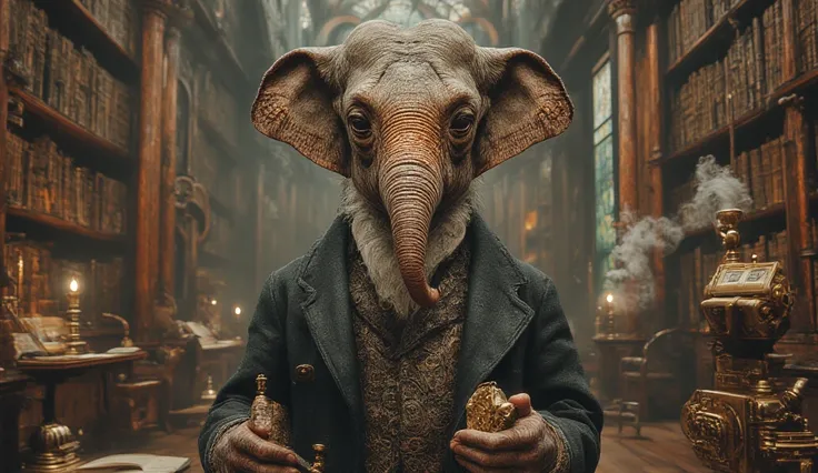 A tall, dignified scholar with the head of a wise elephant and the well-dressed body of a Victorian professor stands surrounded by towering bookshelves in a grand, steam-powered library. His large ears, detailed with intricate copper filigree, flutter slig...