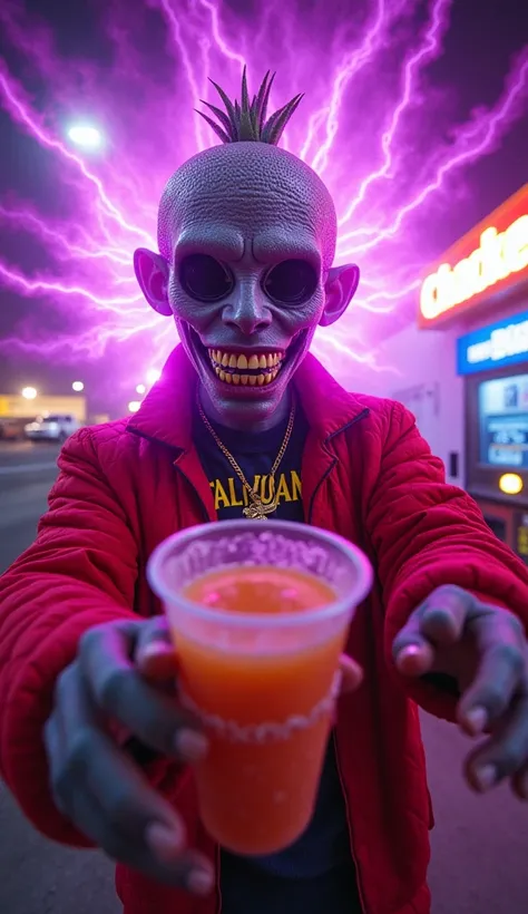 gr!llz, photograph An ultra-realistic, first-person view (FPV) of human-like character inspired by sci-fi aesthetics. The perspective shows the viewer's hands reaching forward, one hand holding an intricately detailed tropical fruit and icecream drink. Per...