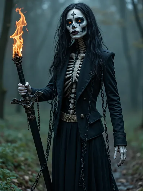 Beautiful necromancer goddess entity,part skeleton part flesh rising from a grave,long black chains we with hooks for hair,dark makeup,majestic eyes and dark tight chain jacket, holding a long black sword with flames,converted cross on her forehead,dark su...