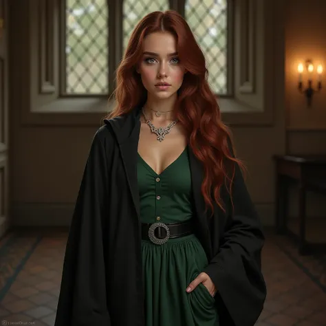 Pretty girl ,  light green eyes  ,  long dark auburn hair  ,  small waist ,  dressed as a slytherin, pretty , SILVER PLATED JEWELRY ,  robe ,  heavy makeup  , definite outline  ,  highlighter  , eyeliner , foxy eyes , pretty , sexy , black boots , baddie ,...