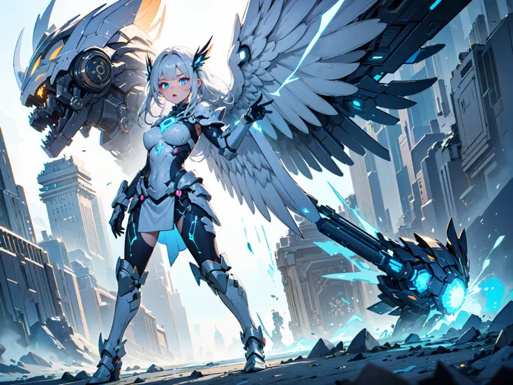 (((masterpiece, best quality, high detailed, 16k))) (1girl) A digital paladin goddess with sleek white and gold armor, inspired by futuristic technology. Her long, flowing silver hair complements her glowing neon-blue eyes, representing the fusion of light...