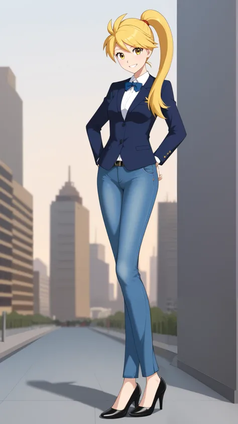 (( top quality)), (( Masterpiece)), ( Details),  1girl ,  golden hair color,  ponytail,  long hair,  yellow eyes,  career woman,  business suit, jeans suit ,  black high heels ,  Height,  anime coloring book,  viewers, 1 Female, Age 17,  are standing, whol...